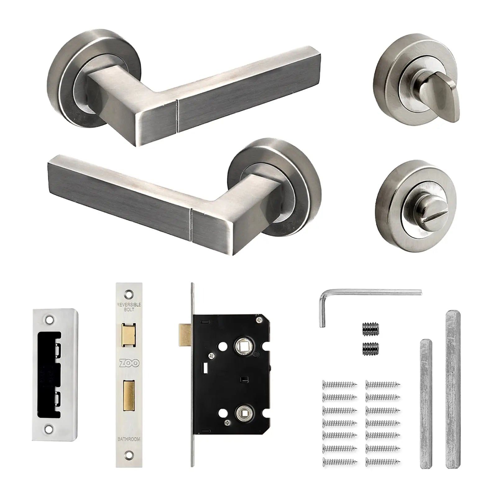 Lumina Satin Nickel Bathroom Door Lever Handles - Bathroom Kit Set - Decor And Decor
