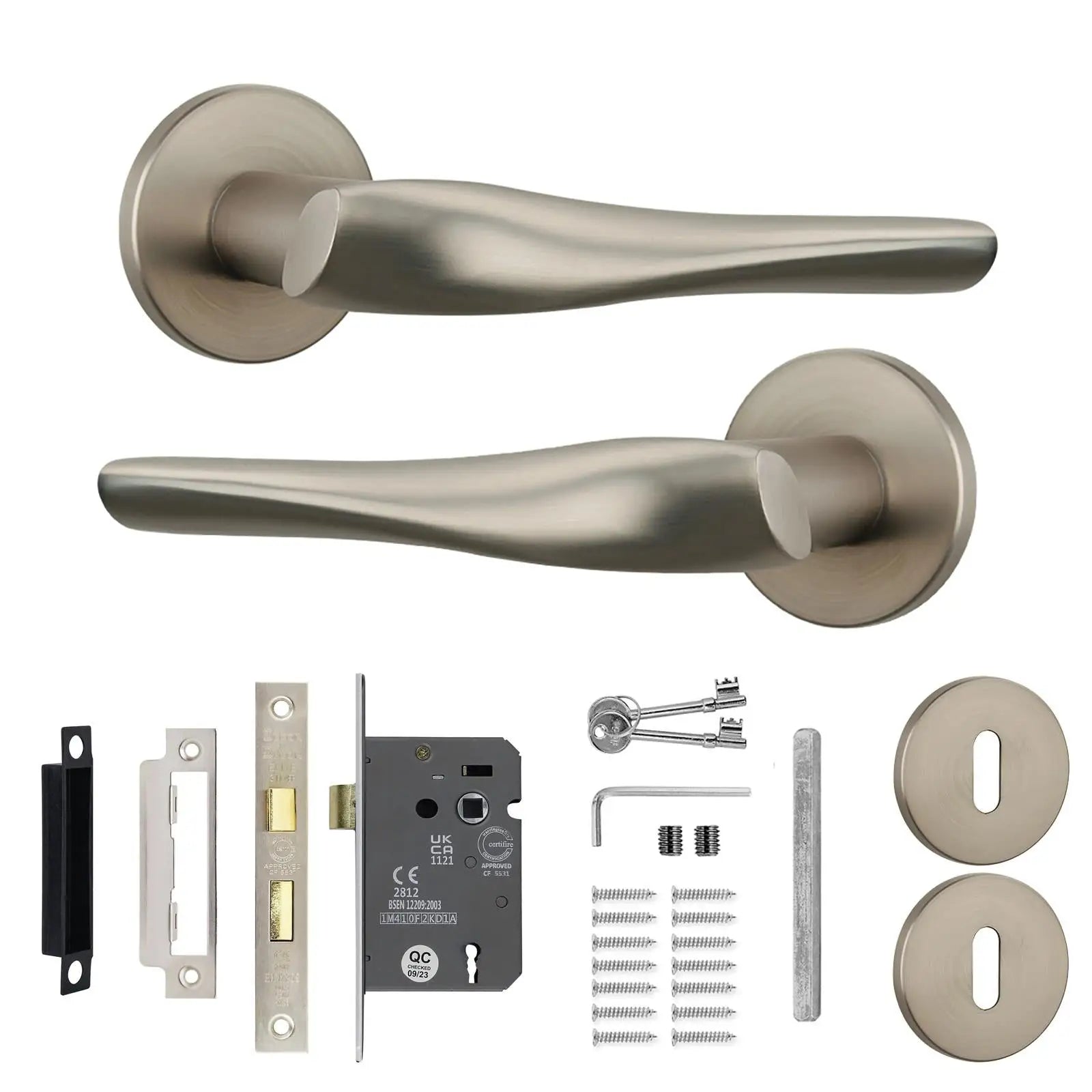 Nanda Satin Nickel Privacy Door Handles - Sash Lock Kit Set - Handle –