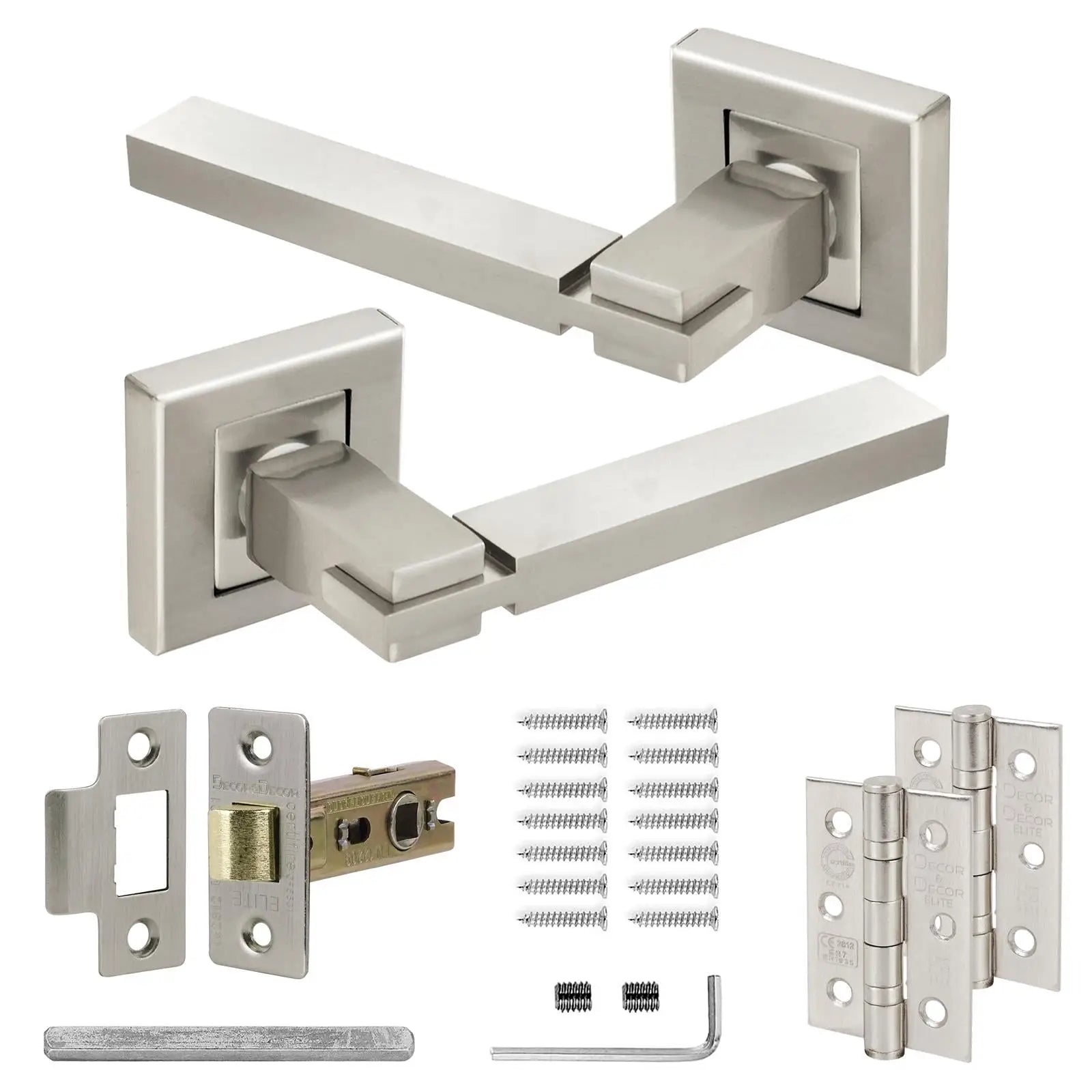 Nexus Satin Nickel Passage Door Lever Handles - Latch and Hinge Set - &