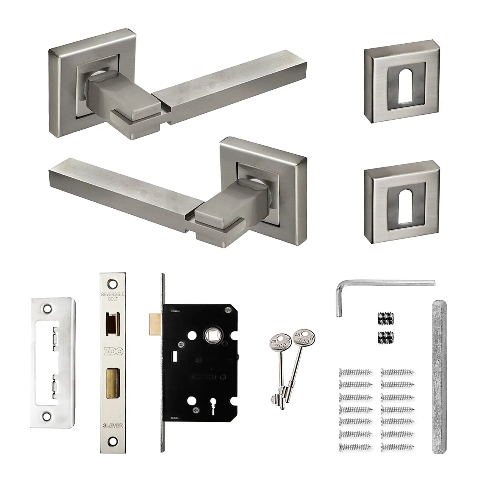 Nexus Satin Nickel Privacy Door Lever Handles - Sash Lock Kit Set - Decor And Decor
