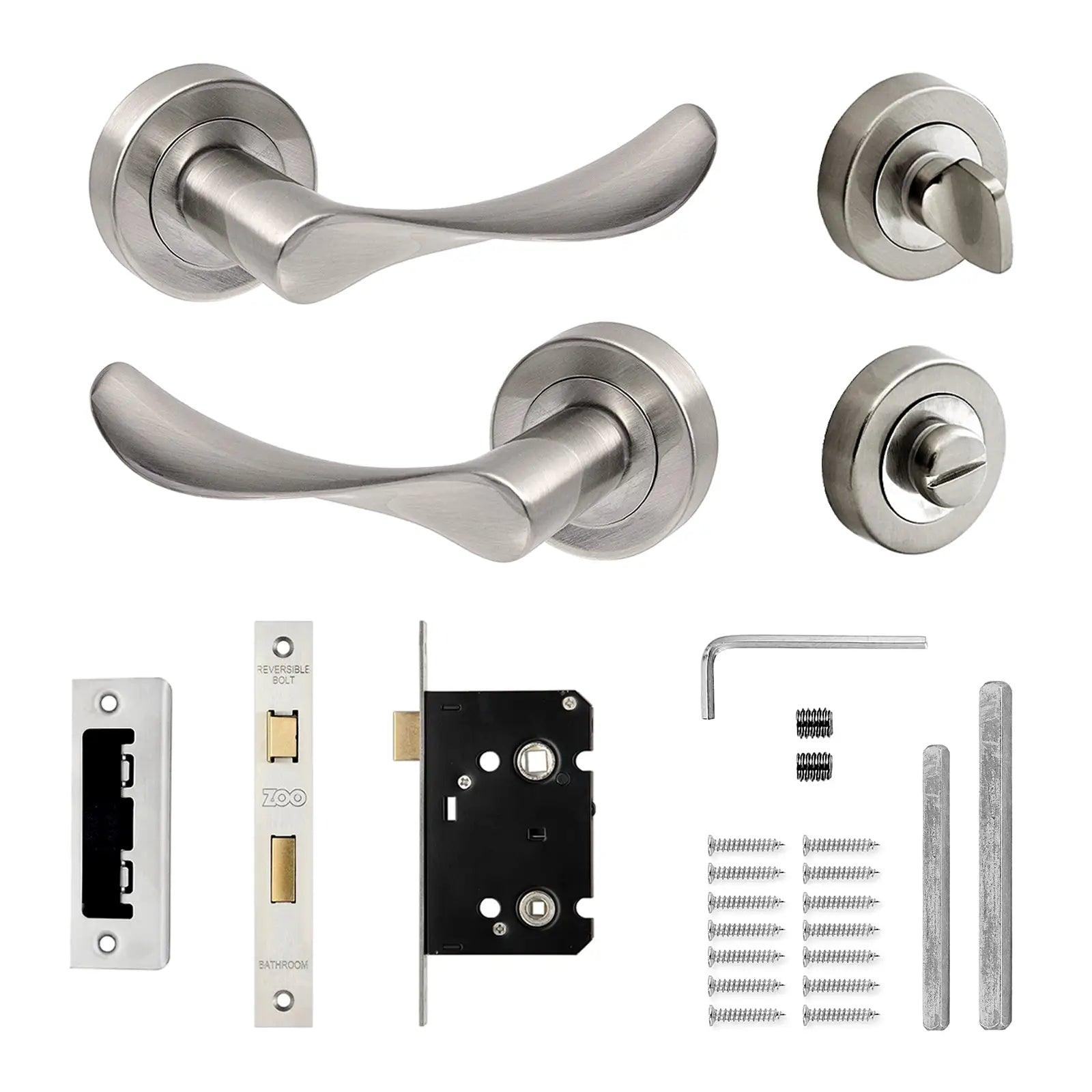 Nimbus Satin Nickel Bathroom Door Lever Handles- Bathroom Kit Set - Decor And Decor