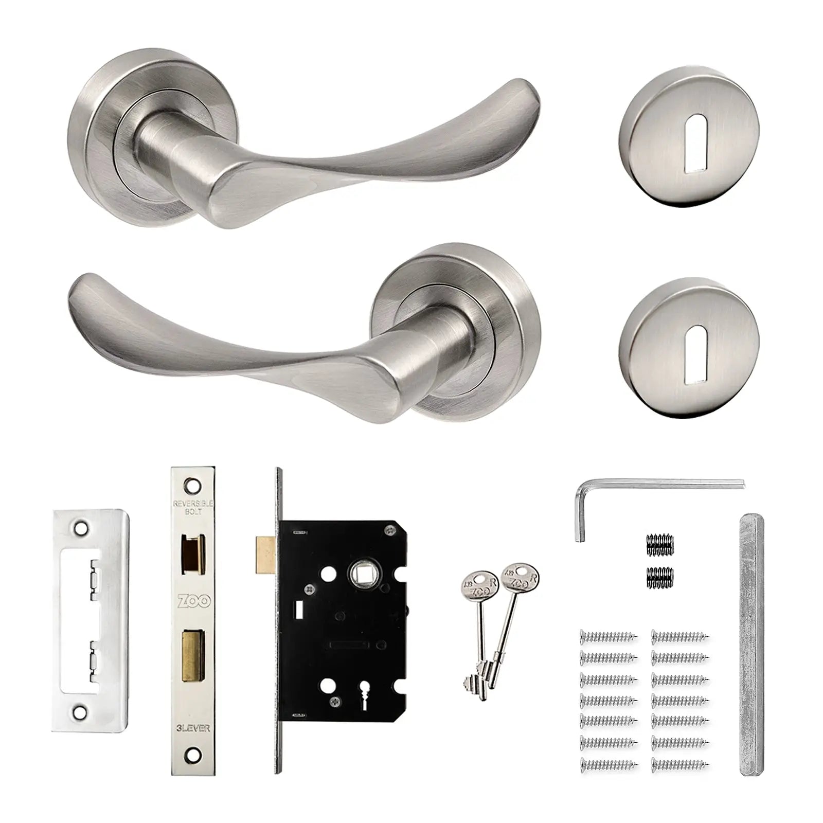 Nimbus Satin Nickel Privacy Door Lever Handles - Sash Lock Kit Set - Decor And Decor