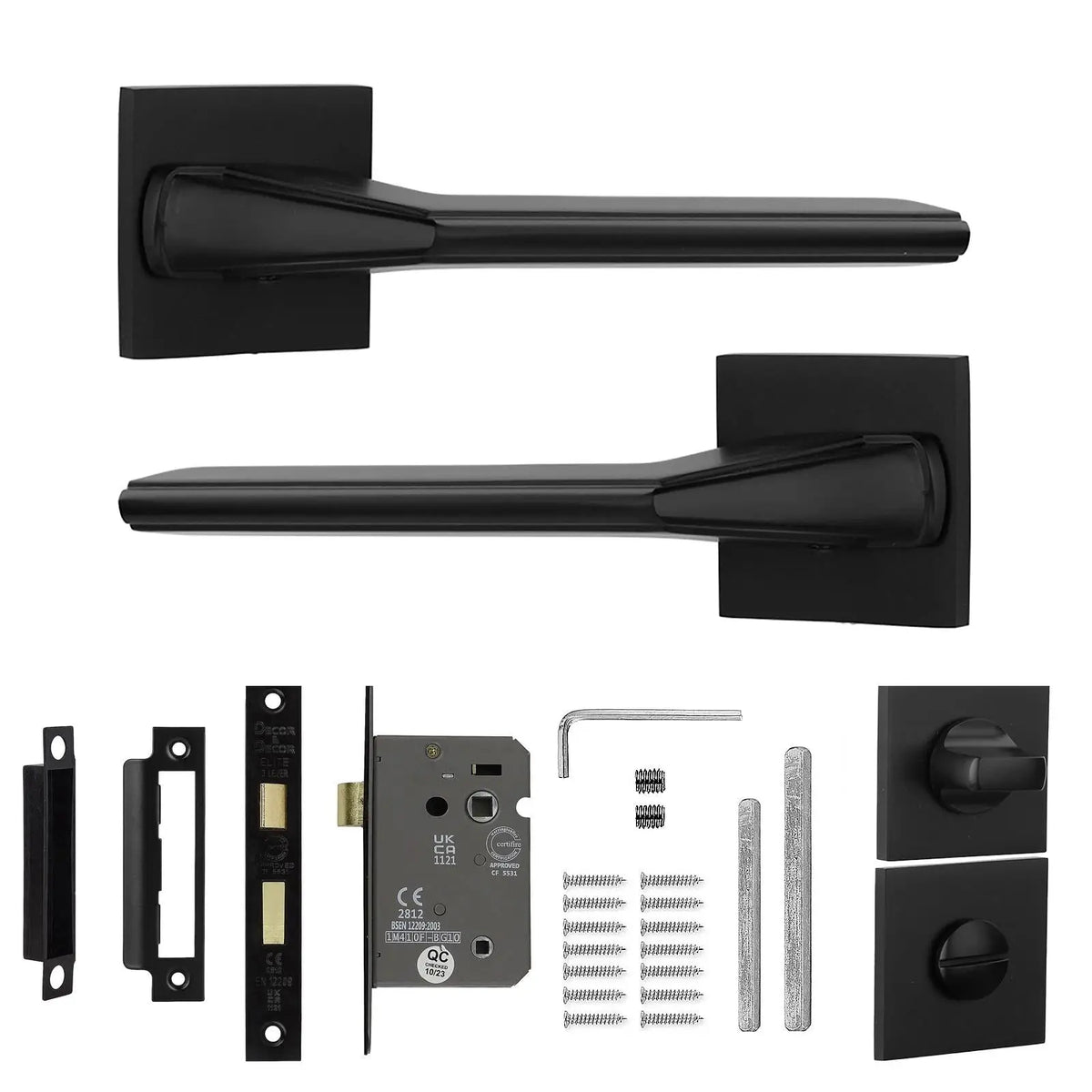 Pera Matt Black Bathroom Door Handles set showcasing sleek black door handle design