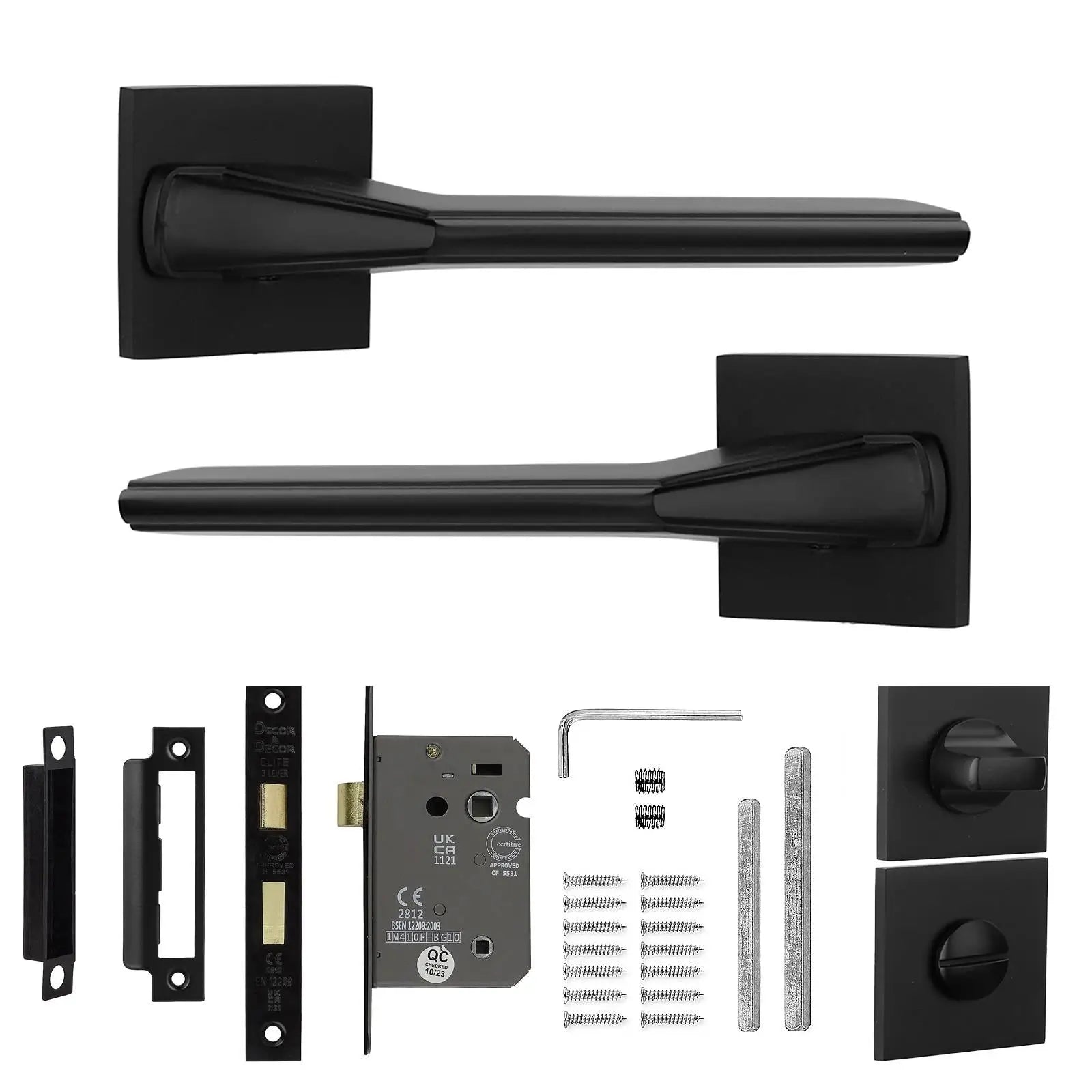 Pera Matt Black Bathroom Door Handles set showcasing sleek black door handle design