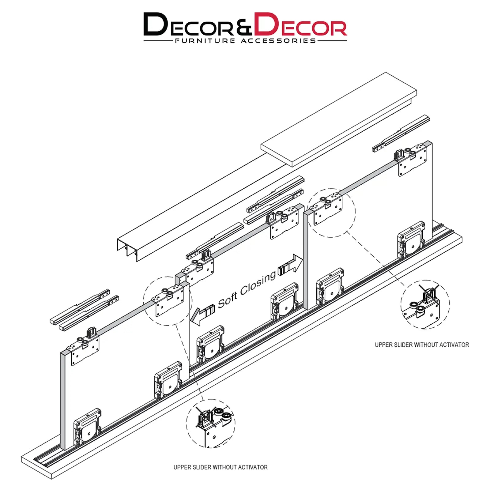 PS-Slide Sliding Door Wardrobe System - 3 - 1800mm Track - Both Way Soft Close - Kit