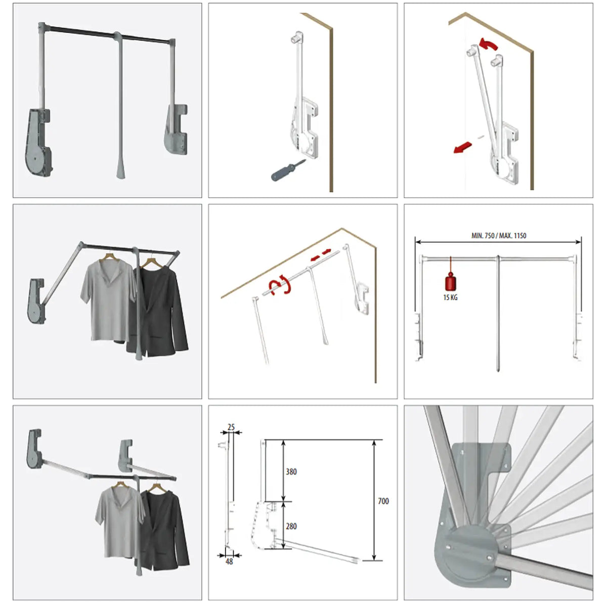 Pull Down Wardrobe Rail - 15Kg Soft Close 750mm-1150mm – view 4
