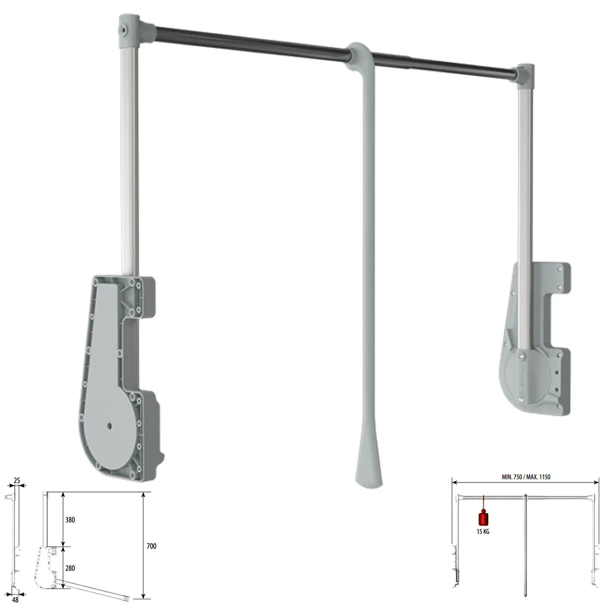 Pull Down Wardrobe Rail - 15Kg Soft Close 750mm-1150mm – view 6