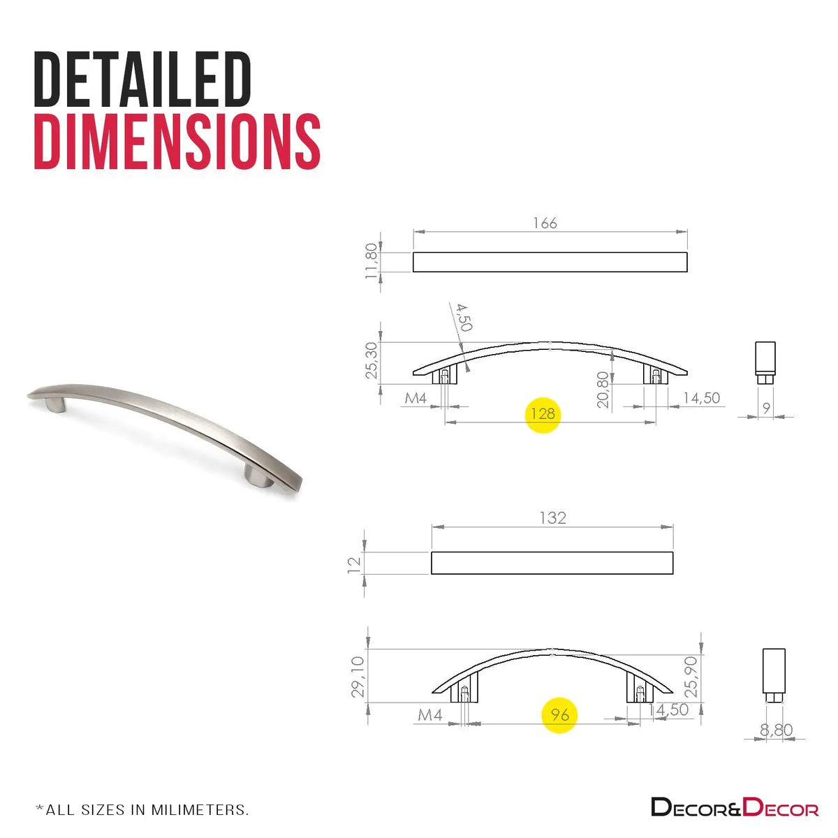 Detailed dimensions of Rochelle Bow Cupboard Handle in Satin Nickel