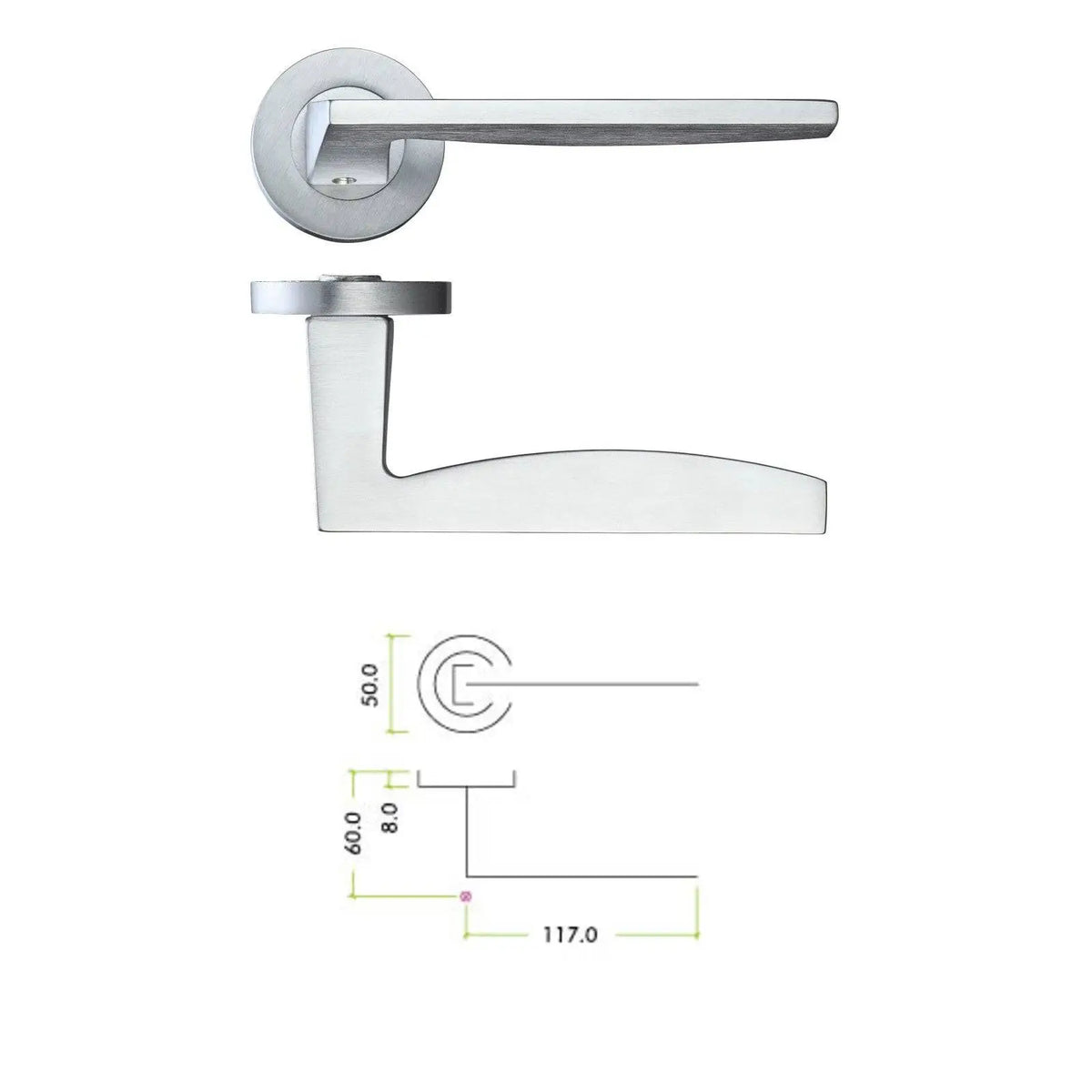 Satin Chrome Door Handle Lever On Rose – view 2