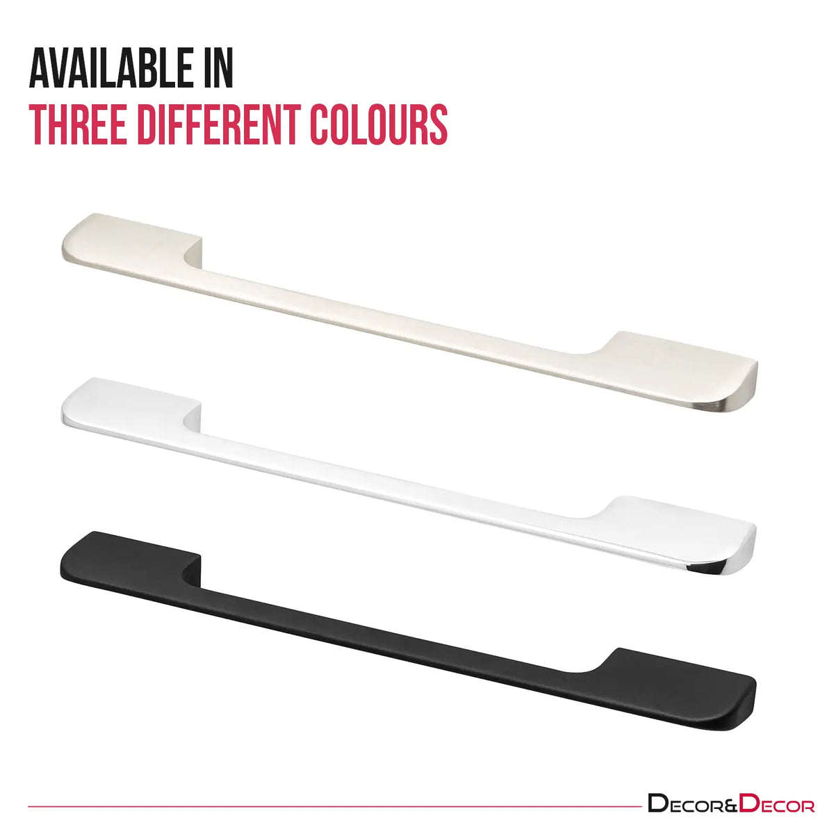 Three Semma D Shaped Kitchen Door Handles in different colors including Satin Nickel