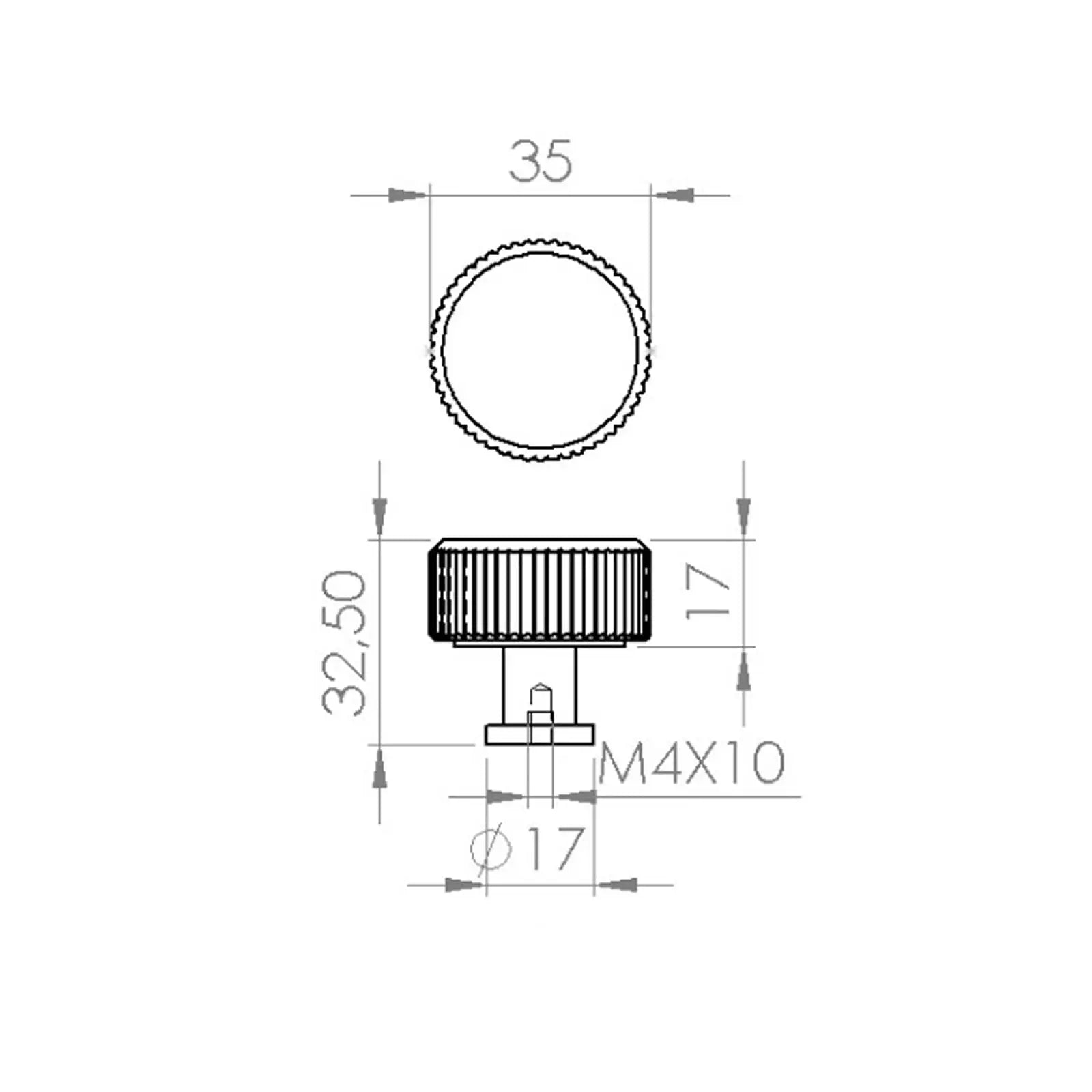 Technical drawing of Sienna Lines Knurled Round Cabinet Knob in Antique Brass