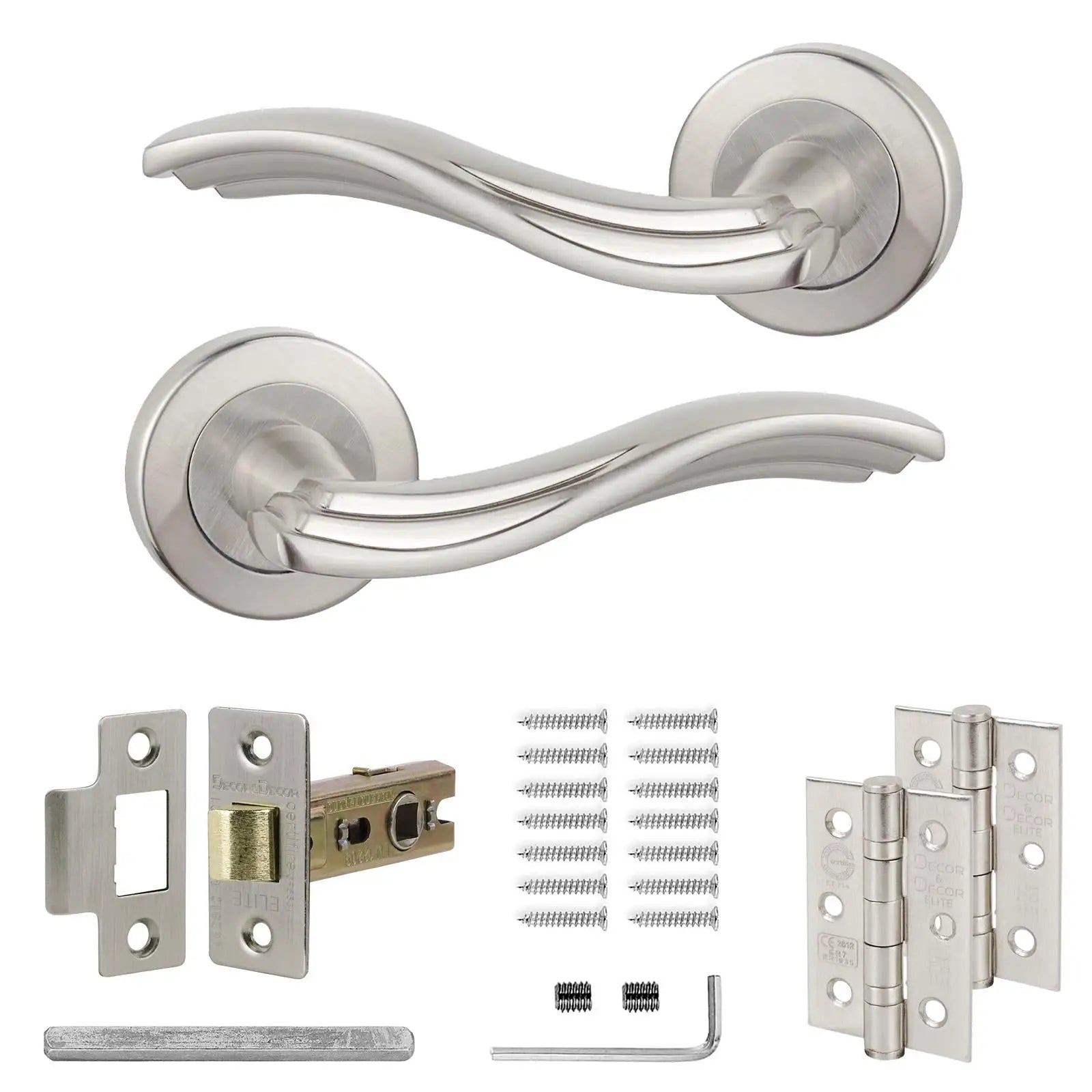 Solace Satin Nickel Passage Door Lever Handles Latch and Hinge Set for stylish doors