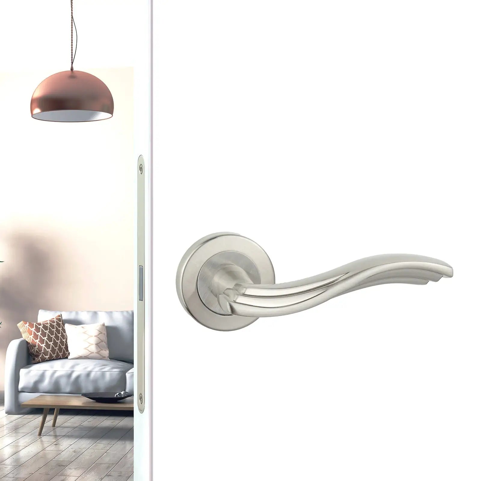Silver door handle on Solace Satin Nickel Passage Door Lever Handles set
