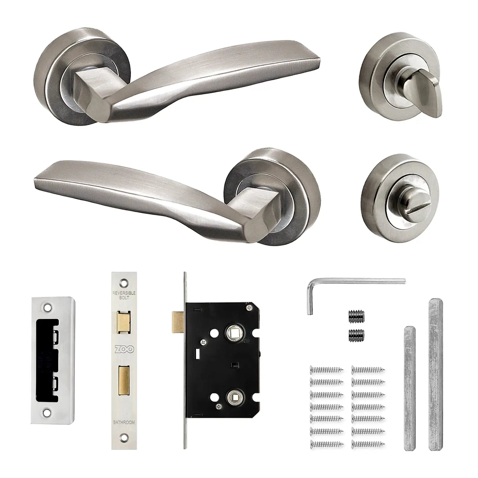 Solitude Satin Nickel Bathroom Door Lever Handles - Bathroom Kit Set - Decor And Decor