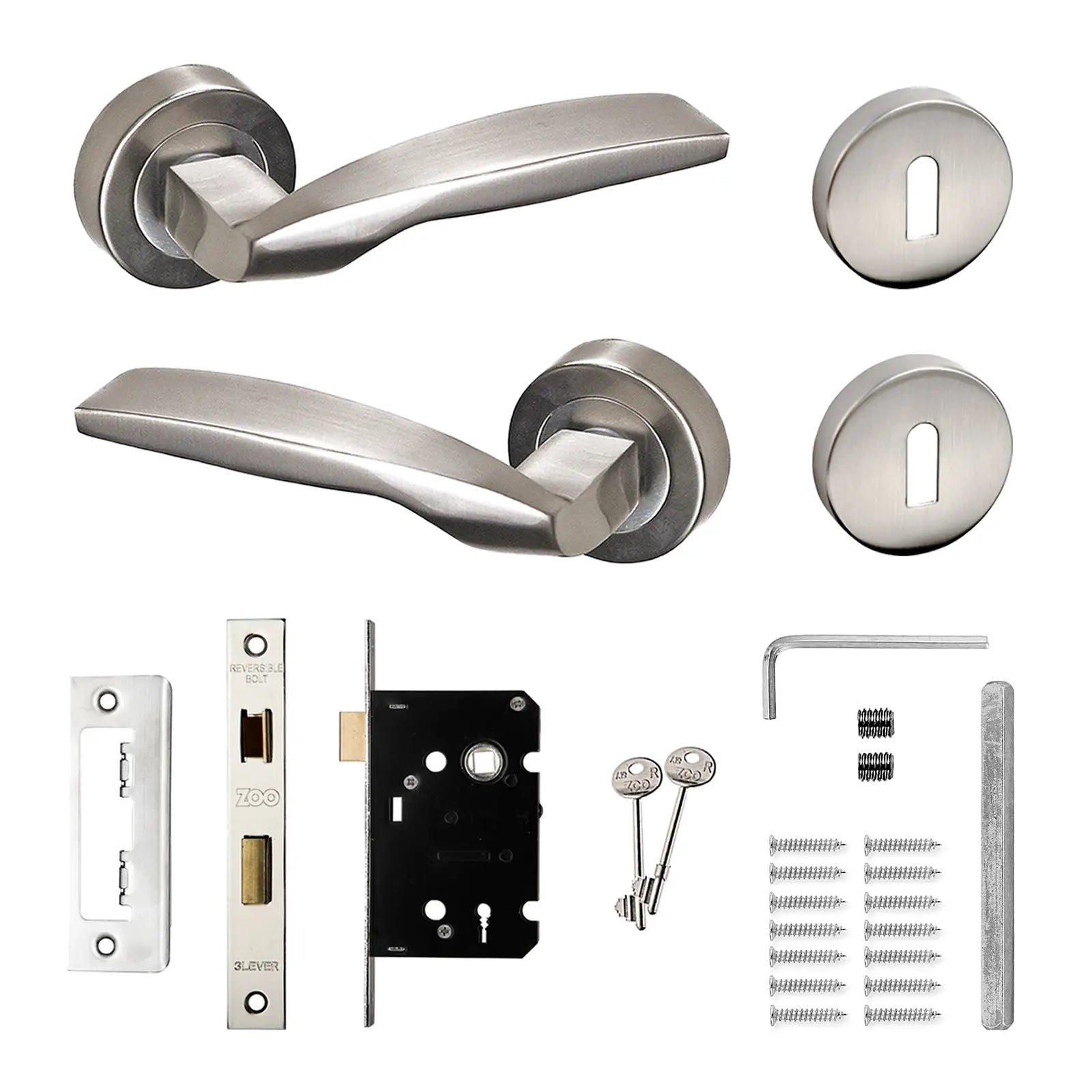 Solitude Satin Nickel Privacy Door Lever Handles - Sash Lock Kit Set - Decor And Decor