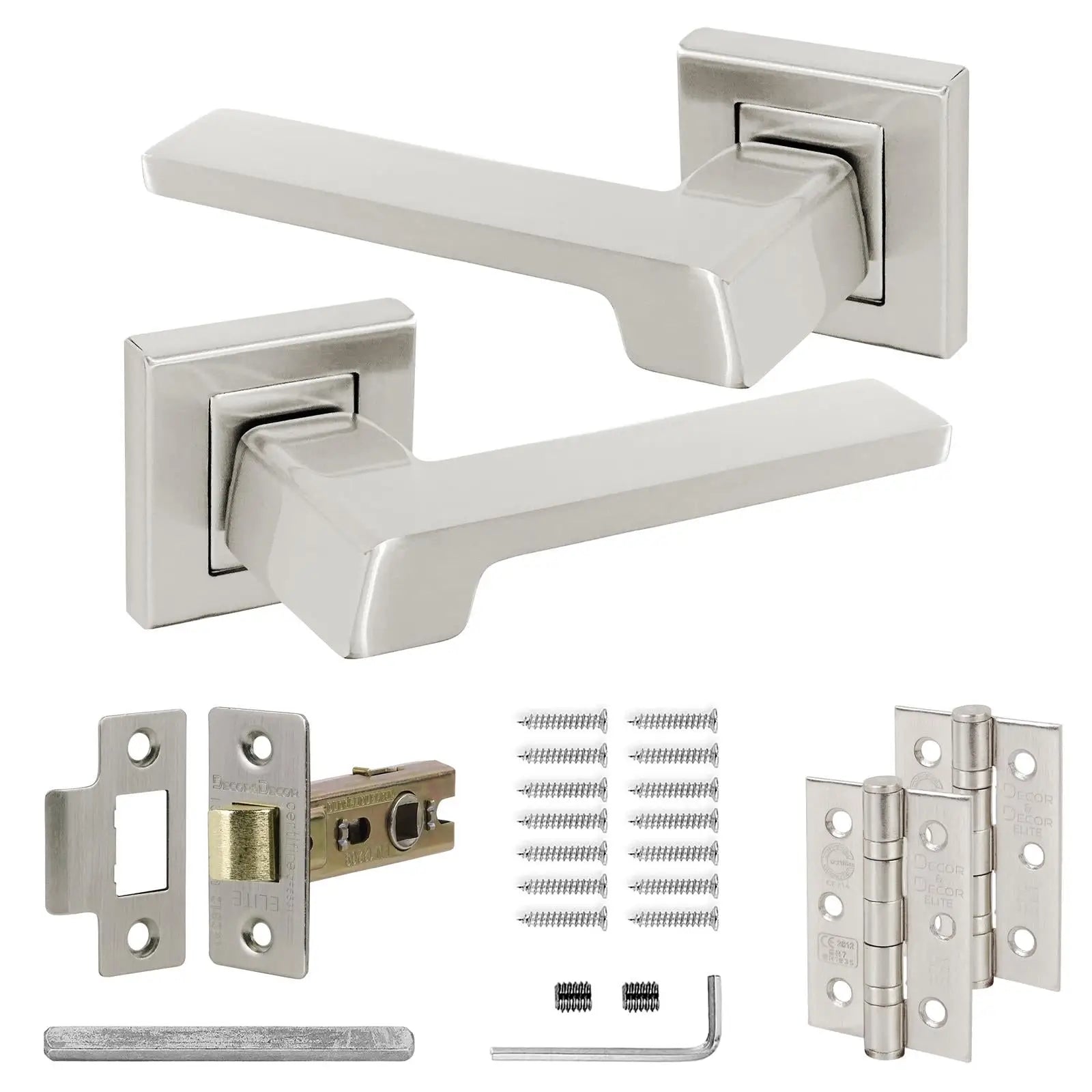 Brushed Nickel door hardware set for Spectra Satin Nickel Door Handle, Latch, and Hinge