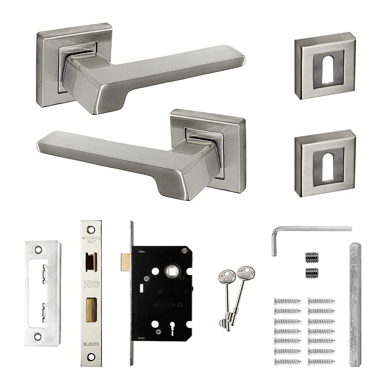 Spectra Satin Nickel Privacy Door Lever Handles - Sash Lock Kit Set - Decor And Decor