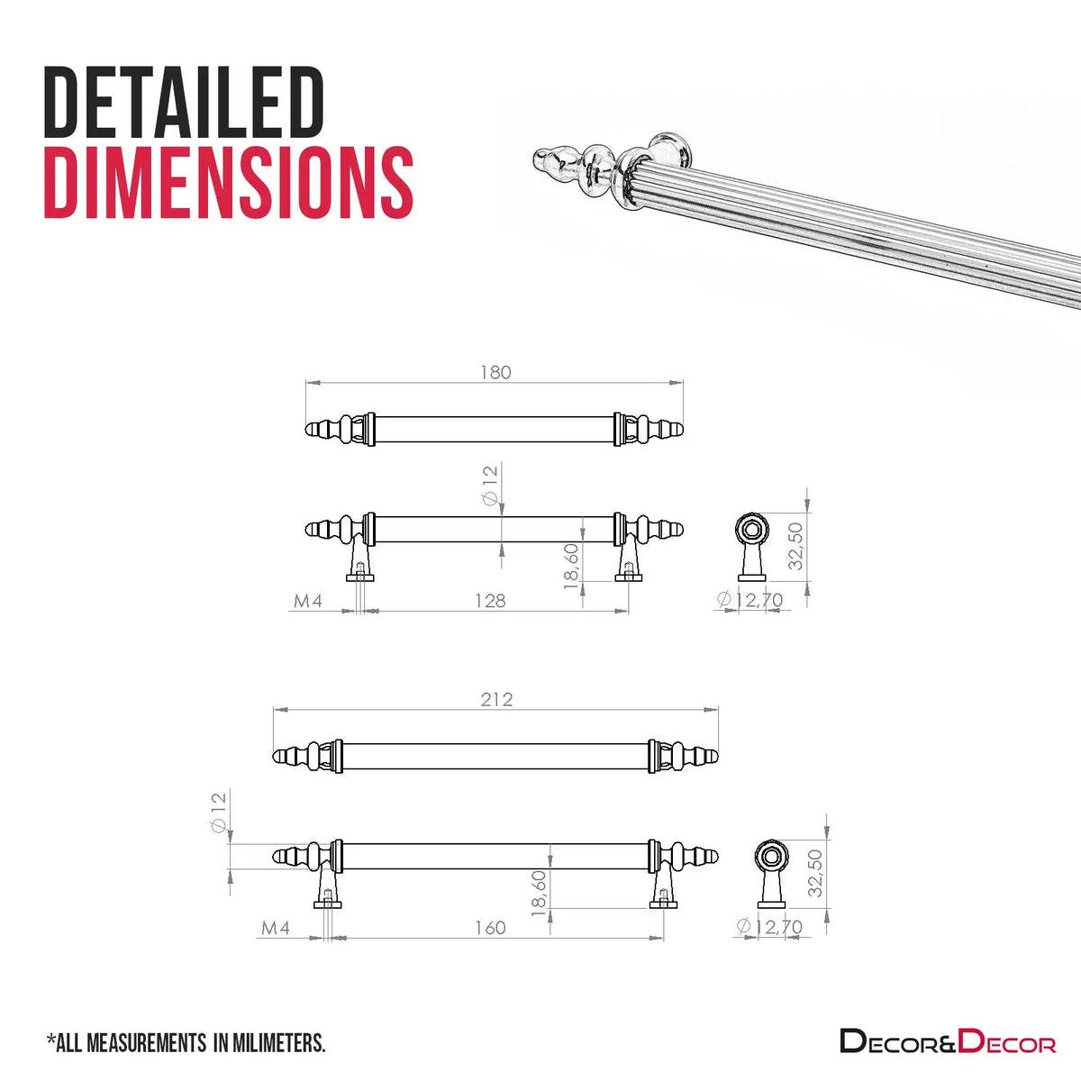 Detailed dimensions of Vandon Traditional T-Bar Kitchen Drawer Handle in Matt Black