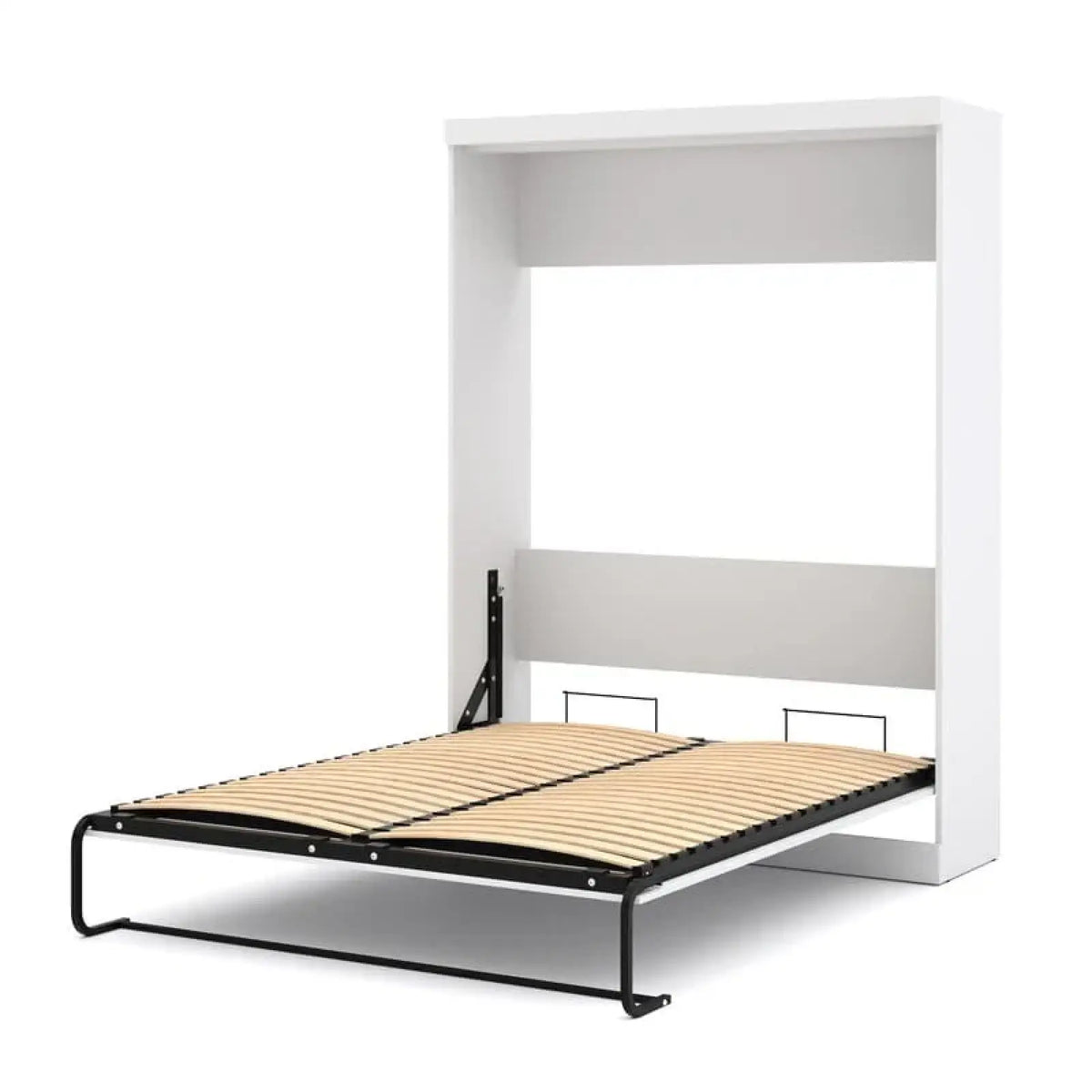 White Murphy bed with wooden slats in a Vertical Pull Down Double Wall Bed design