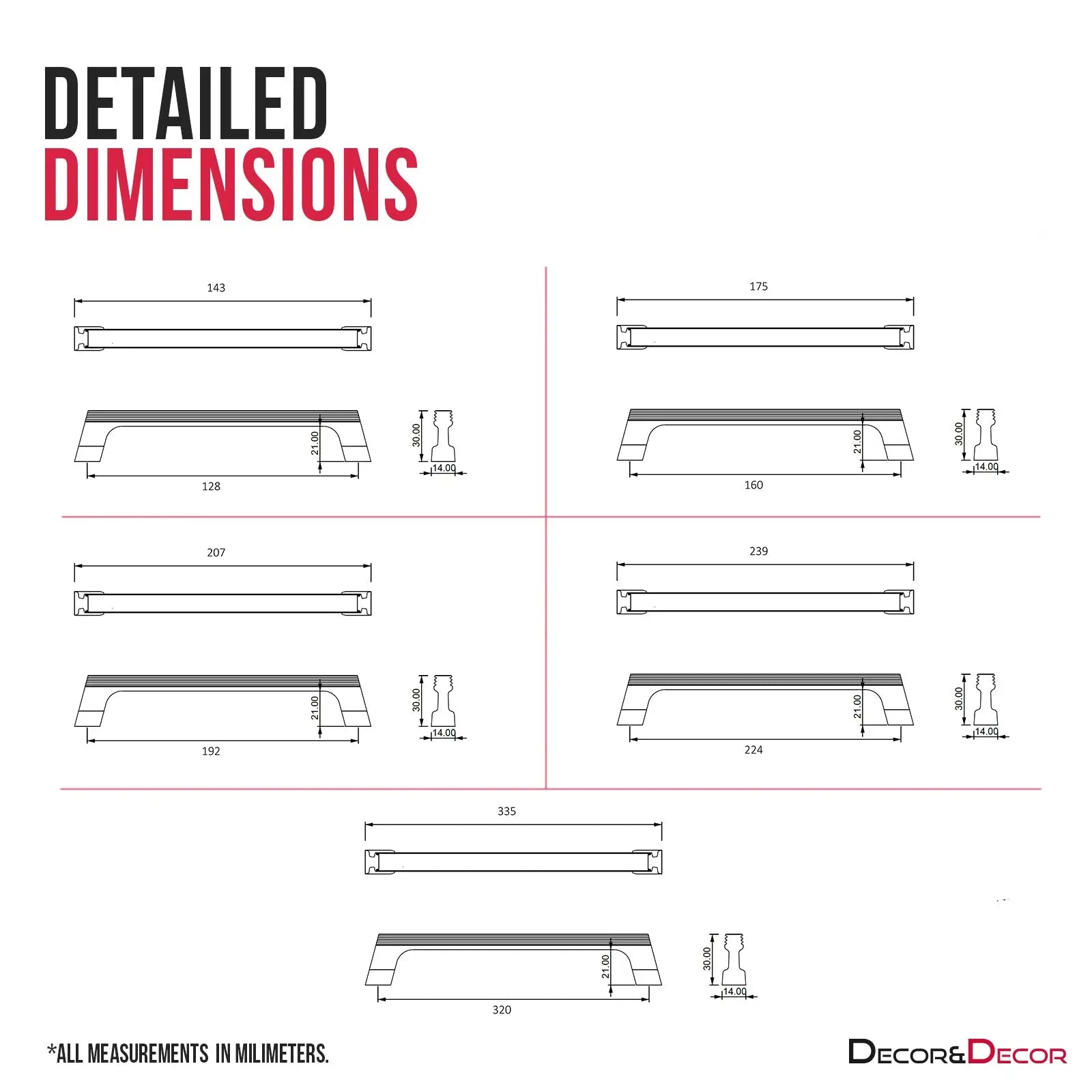 Detailed product dimension diagrams for Zinnia D Shaped Kitchen Drawer Handle Matt Gold